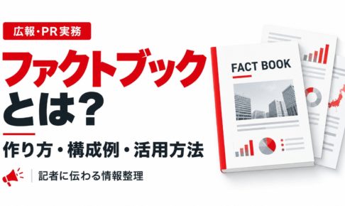 ファクトブックとは何か、作り方・構成例・活用方法を解説するアイキャッチ画像。FACT BOOKと書かれた冊子やグラフ、資料を配置したデザイン。