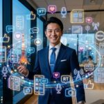 都市を背景に立つスーツ姿の経営者と、SNS・新聞・メディアを象徴するアイコンを組み合わせ、社会的評価とパーソナルブランディングを表現した画像