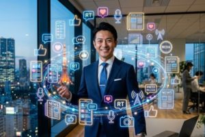 都市を背景に立つスーツ姿の経営者と、SNS・新聞・メディアを象徴するアイコンを組み合わせ、社会的評価とパーソナルブランディングを表現した画像