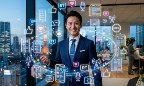 都市を背景に立つスーツ姿の経営者と、SNS・新聞・メディアを象徴するアイコンを組み合わせ、社会的評価とパーソナルブランディングを表現した画像
