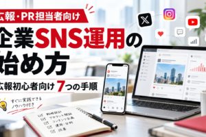 広報担当者向けの企業SNS運用の始め方を解説する画像。X、Instagram、YouTube、LinkedInなどのSNSと、パソコン・スマートフォンを使った運用イメージ