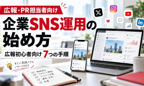 広報担当者向けの企業SNS運用の始め方を解説する画像。X、Instagram、YouTube、LinkedInなどのSNSと、パソコン・スマートフォンを使った運用イメージ