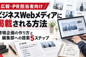 ビジネスWebメディアに掲載される方法を解説する画像。パソコンに表示されたWeb記事と寄稿企画書を背景に、企画の作り方と編集部への提案5ステップを紹介