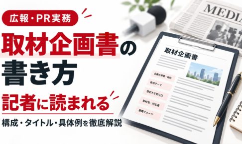 取材企画書の書き方を解説するアイキャッチ画像。取材企画書と新聞、マイクを背景に、記者に読まれる構成・タイトル・具体例を紹介