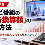 テレビ番組の広告換算額の計算方法を解説するアイキャッチ画像。テレビの収録風景と、放送時間を測るストップウォッチ、電卓、グラフを組み合わせたデザイン