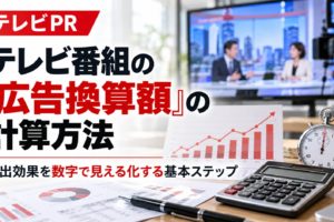 テレビ番組の広告換算額の計算方法を解説するアイキャッチ画像。テレビの収録風景と、放送時間を測るストップウォッチ、電卓、グラフを組み合わせたデザイン