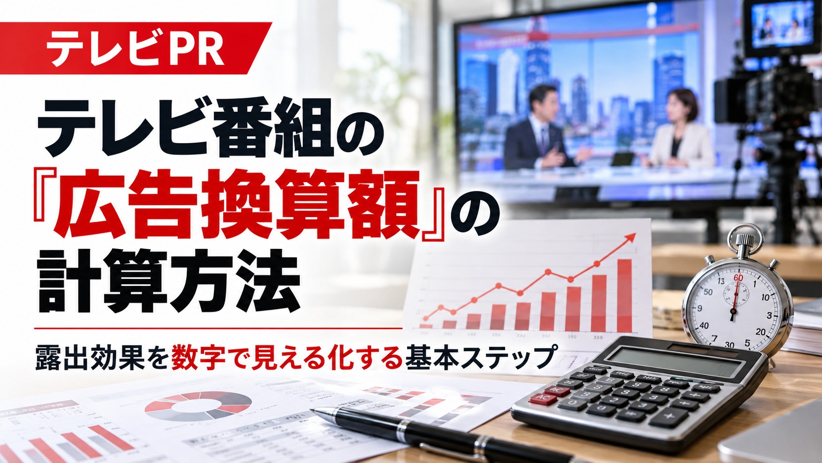 テレビ番組の広告換算額の計算方法を解説するアイキャッチ画像。テレビの収録風景と、放送時間を測るストップウォッチ、電卓、グラフを組み合わせたデザイン