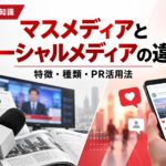 マスメディアとソーシャルメディアの違いを解説する画像。新聞・テレビ・雑誌などの従来型メディアと、スマートフォンを使ったSNSでの情報発信を対比