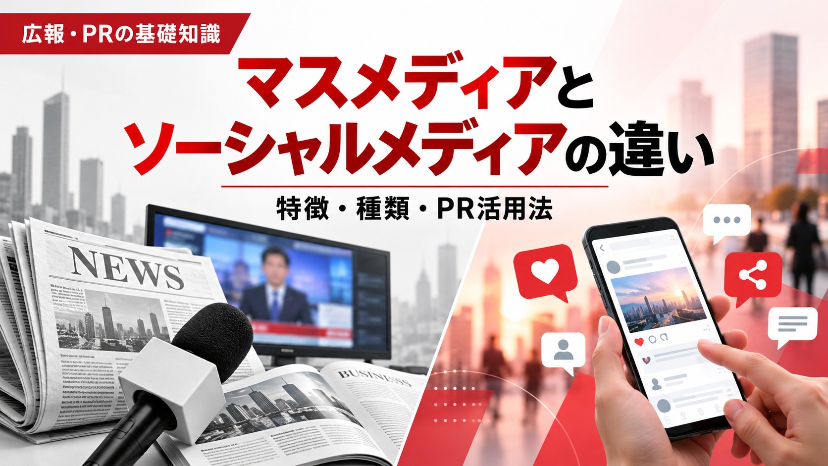 マスメディアとソーシャルメディアの違いを解説する画像。新聞・テレビ・雑誌などの従来型メディアと、スマートフォンを使ったSNSでの情報発信を対比