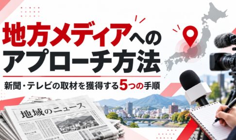 地方メディアへのアプローチ方法を解説する画像。日本地図、地方新聞、テレビカメラ、取材用マイクを配置し、新聞・テレビの取材を獲得する5つの手順を紹介