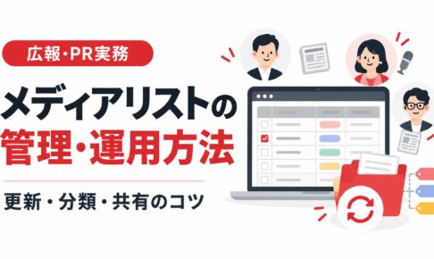 メディアリストの管理・運用方法を紹介するアイキャッチ画像。記者・編集者の情報を管理するパソコン画面と、更新・分類・共有を表すイラストを配置したデザイン。