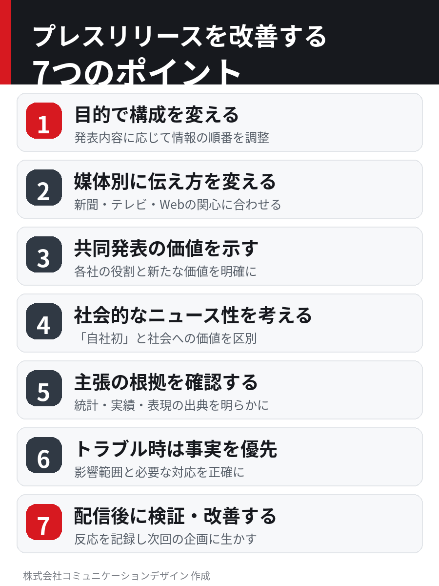 プレスリリースを改善する7つのポイントの図解。①目的で構成を変える、②媒体別に伝え方を変える、③共同発表の価値を示す、④社会的なニュース性を考える、⑤主張の根拠を確認する、⑥トラブル時は事実を優先する、⑦配信後に検証・改善する